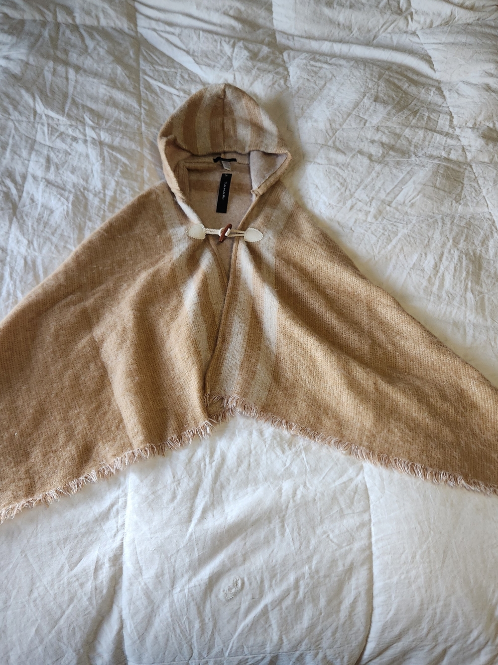 Tahari Hooded Fringe Poncho in Tan and Cream